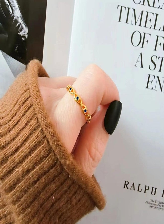 BlingNook Evil Eye Ring For Women, Cubic Zirconia Gold Stainless Steel Ring Green White Eyes Boho Adjustable Trendy Gold Plated Open Birthday Stackable Jewelry Gift (Gold Blue) - Image 3